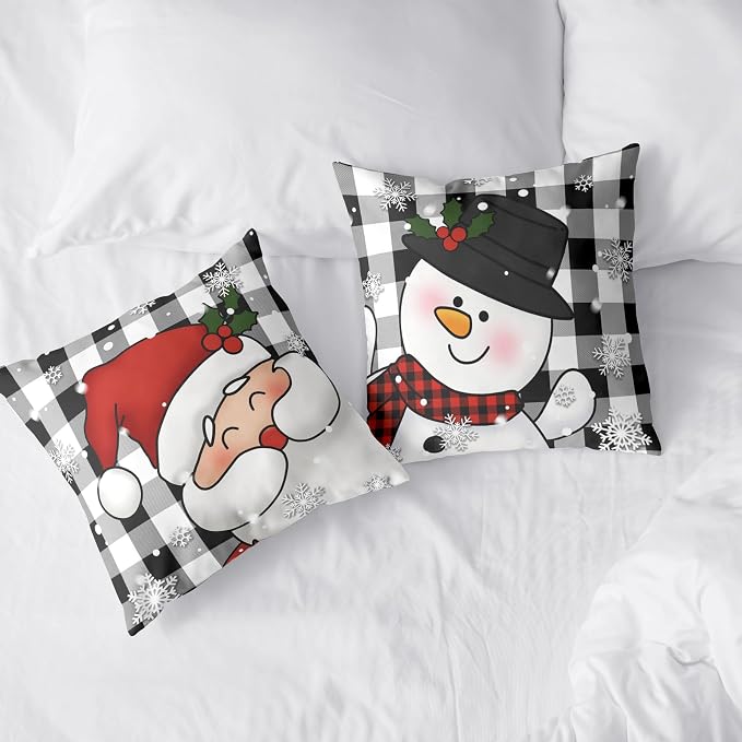 Xmas Santa Claus and Snowman Christmas Pillow Covers 16x16 Set of 2 Black and White Plaid Throw Pillow Covers Warm Soft Touch Cotton Blend Winter Pillows Cases for Bedroom Sofa