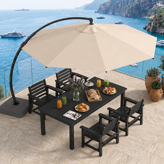 HDPE 5-Piece Outdoor Dining Set with 11FT Umbrella, Black | All-Weather Patio Table and Chairs for 4, Fade-Resistant Patio Furniture Dining Set for Lawn, Garden, Deck, Backyard
