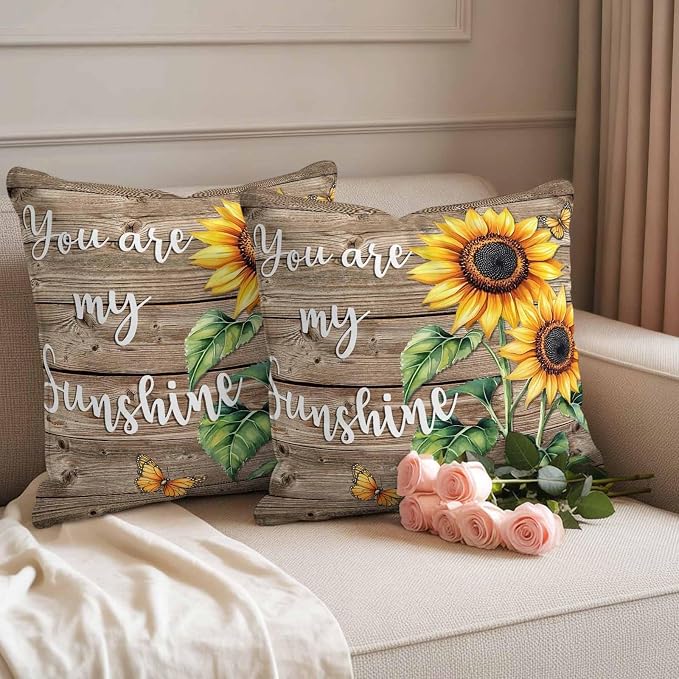 Sunflower Outdoor Waterproof Throw Pillow Covers Set of 2, 24"x24", You are My Sun Shine Vintage Brown Wood Board Decorative Pillow Covers Outside Cushion Case for Patio Porch Garden