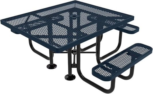 COATEDOUTDOORFURNITURE Heavy-Duty Portable ADA-Compliant Outdoor Picnic Table with Umbrella Hole, Expanded Metal Patio Dining Furniture Made in America (46" Square Top, Dark Blue)