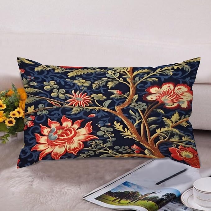 Zipped Pillow Cases for Home Decor Burgundy Gold Navy Blue Floral Botanical Throw Pillow Cover Set of 2 Farmhouse Cushion Cover Cases for Living Room Club Home Decor 12x20in