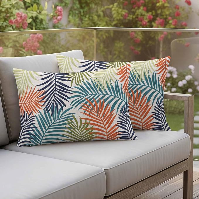 Green Blue Palm Leaves Outdoor Pillow Covers 20"x12" Set of 2, Summer Botanical Vintage Tropical Leaf Rustic Waterproof Throw Pillow Covers for Patio Furniture, Decorative Cushion Covers for Porch
