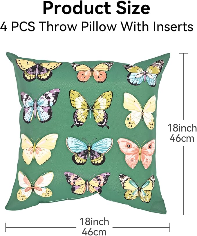 Outdoor Throw Pillows Waterproof Set of 4 18x18 Inches for Sofa, Couch, Bed & Patio Furniture | Green Butterfly Outdoor Pillows with Insert