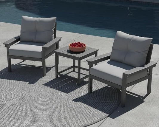 3 Piece HDPE Outdoor Patio Furniture Set, All-Weather 2 Armchairs with Side Table, Patio Conversation Set with Grey Washable Thick Cushion for Balcony/Porch/Backyard (Grey Frame)