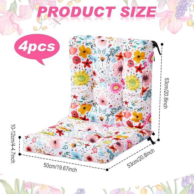 Hoteam 4 Set Outdoor Patio Chair Cushions 20 x 42 in Deep Seat Waterproof Patio Cushions Set for Furniture Replacement Removable Seat and Back (Watercolor Flowers)