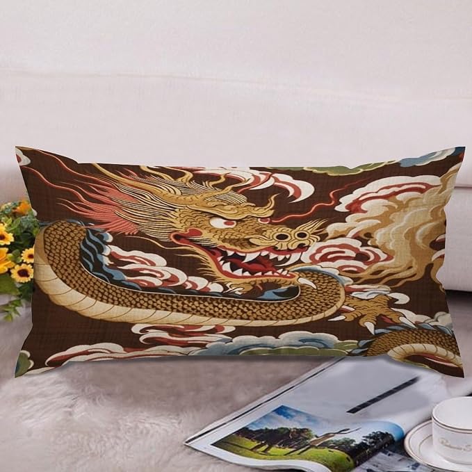 Set of 2 Chinese Oriental Style Asian Dragon Gold Pillow Covers 12x24in Farmhouse Canvas Cushion Covers Outdoor for Couch Chair Home Decor for Family Friends