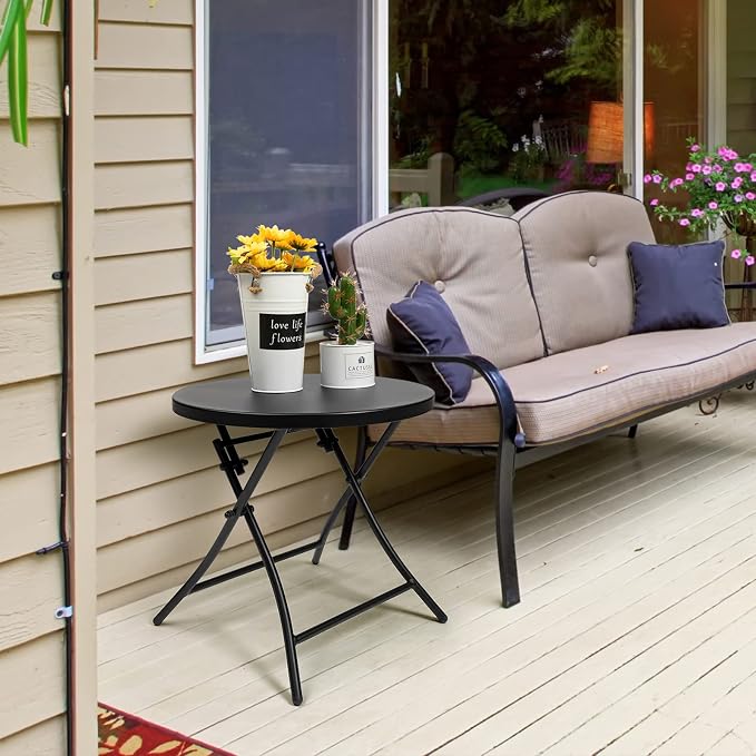 Outdoor Side Table, Folding Round Metal End Table, Weather Resistant Small Patio Accent Table for Porch Yard Balcony Deck (All Black)