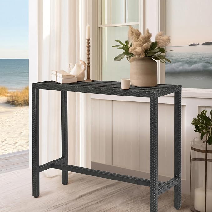 Outdoor Bar Table, Outdoor Console Table for Patio 45" Long Bar Height Table Hot Tub Tall Tables Wicker High Top Pub Serving Tables Narrow Sofa Sideboard Black