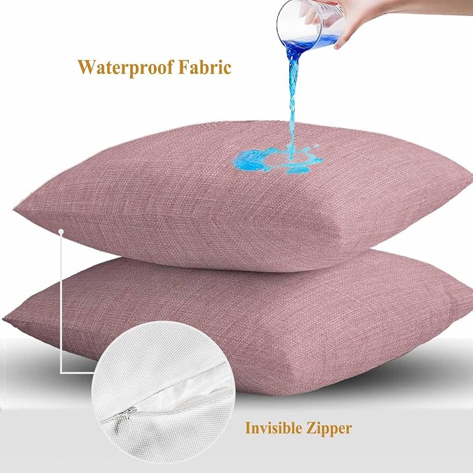 Outdoor Waterproof Throw Pillow Covers Set of 2 Pink Linen Pillowcases 18x18 Inches Farmhouse Pure Color Decorative Pillows Cushion Case Patio Pillows for Couch Bed Chair Garden