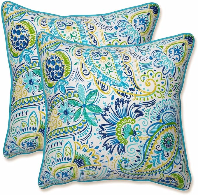Pillow Perfect Paisley Indoor/Outdoor Accent Throw Pillow, Plush Fill, Weather, and Fade Resistant, Large Throw - 18.5" x 18.5", Blue/Yellow Gilford, 2 Count