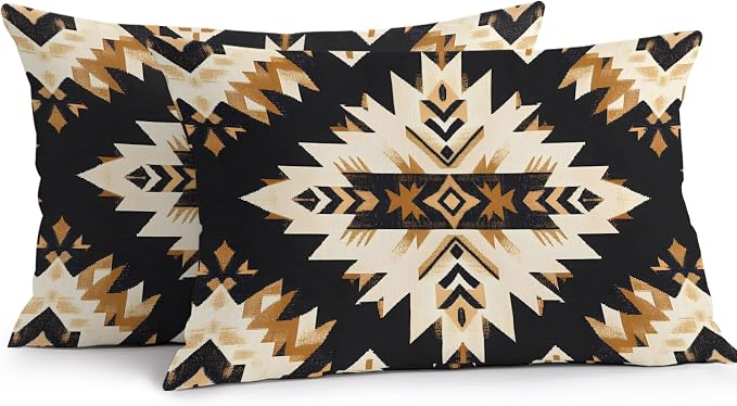Southwestern Aztec Outdoor Pillow Covers 20x12 Inch Lumbar Pillow Covers Set of 2 Waterproof Decorative Throw Pillow Cases Retro National Style Brown Abstract Cushion Covers for Patio Furniture Garden