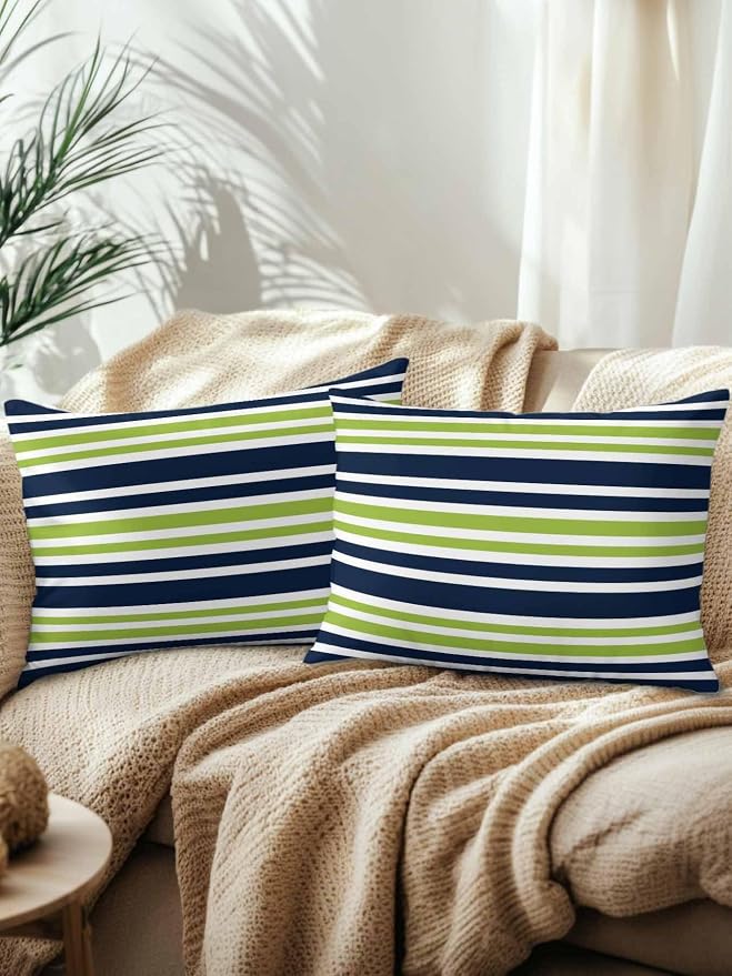 Outdoor Waterproof Throw Pillows Navy Blue Green Stripe Patio Pillows Pack of 2,Decorative Pillow Covers with Insert,Pillow Cushion Case for Garden Couch Sofa White Line