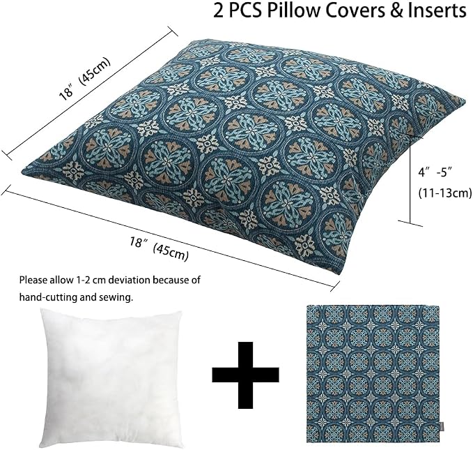 Magpie Fabrcis Pack of 2 Outdoor Waterproof Throw Pillow with Insert 18 x 18 Inch, Christmas Decorative Back Cushion Pad for Garden Patio Tent Balcony Couch Sofa(Morgan Medal Blue)