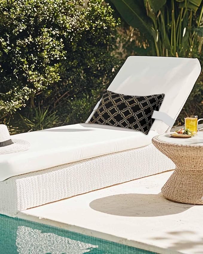 Outdoor Pillows Waterproof Covers Set of 2, Geometric Lines Adjustable Elastic Chaise Lounge Head Resting Pillows, Luxury Black Golden Lumbar Pillow for Pool Beach Patio Furniture 11x16 Inch