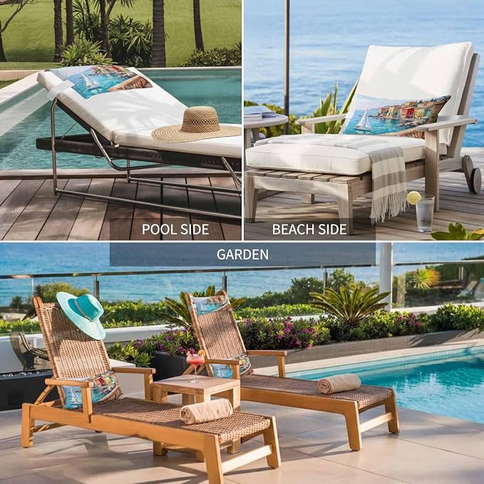 Outdoor Lumbar Pillow Set of 2, Coastal Nautical Waterproof Beach Headrest Pillow with Inserts, Modern Ocean Oil Painting Country Sailboat Recliner Throw Pillows for Patio Furniture, 12 x 20