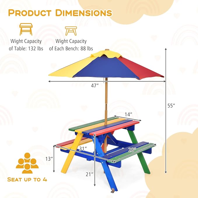 HONEY JOY Kids Picnic Table, Fir Wood Toddler Outdoor Table and Bench Set with Foldable & Removable Umbrella, Kids Picnic Tables for Outdoors, Backyard Furniture for Kids(Colorful)