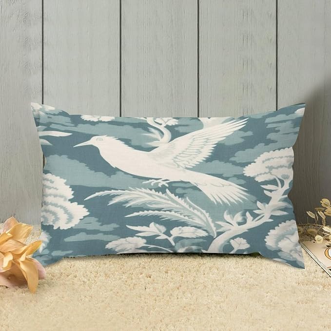 Set of 2 Blue Turquoise and White Birds Plant Decorative Throw Pillow Covers 12x20in Farmhouse Rectangle Accent Pillow Cases Cushion Cover Cases for Sofa Chair Bedroom Home Decor