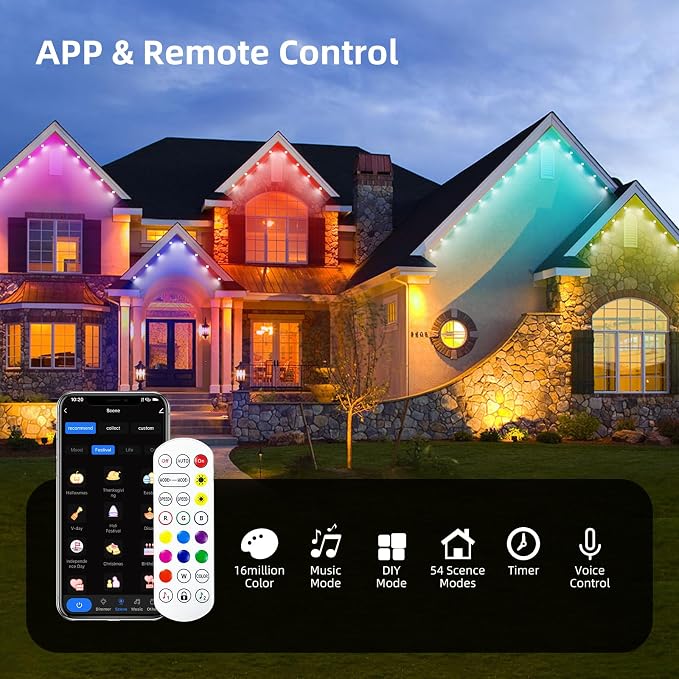 Permanent Outdoor Lights, 100ft Smart RGB+IC Outdoor Light, IP67 Waterproof 72 LED Eaves Lights, Year-Round Outdoor Lighting for New Year, Holiday, Daily Lighting, Christmas, APP/Voice/Remote/Control