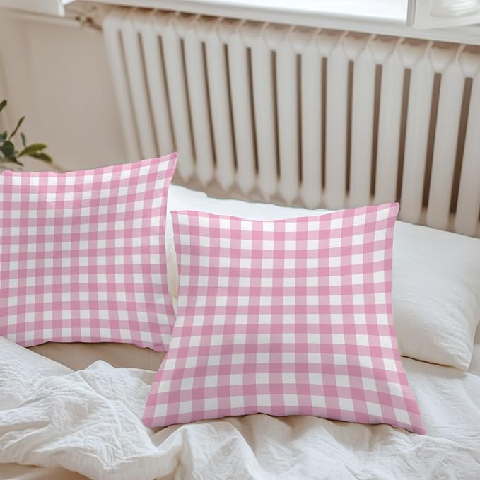 Rose Pink Checks Outdoor Pillow Covers 20"x20" Set of 2, Gingham Plaid Abstract Modern Minimalist Waterproof Throw Pillow Covers for Patio Furniture, Decorative Cushion Covers for Porch