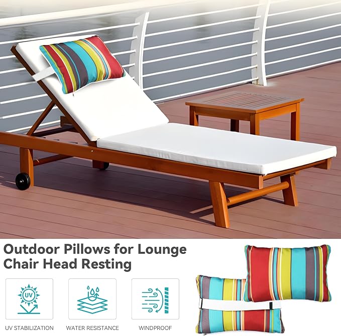 Enipate Outdoor Pillow for Chaise Lounge Chair Pack of 2 Water Resistant Headrest Lumbar Pillows with Adjustable Elastic Strap Removable Machine Washable for Pool Patio Beach Chair Garden Furniture