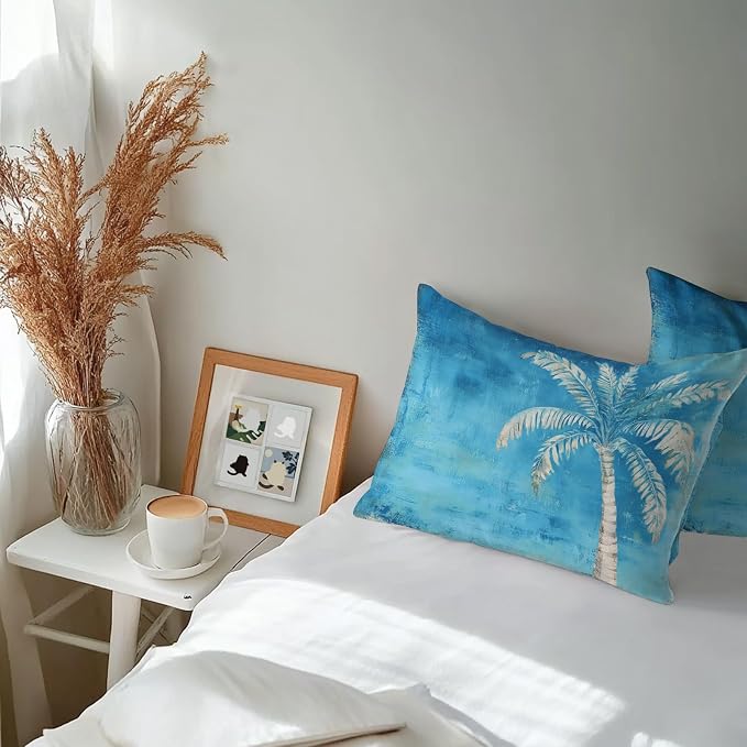 Coastal Beach Tree Blue Outdoor Waterproof Pillow Covers, Vintage Summer Palm Tropical Botanical Decorative Rectangle Throw Pillowcase Sofa Cushion Sham for Patio/Couch/Chair, 20"x12" 2 Pack