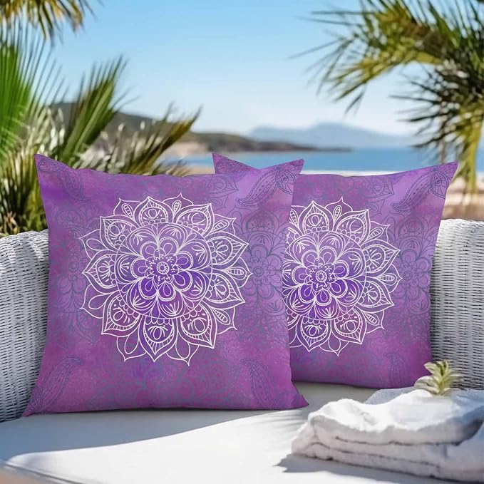 Vandarllin Outdoor Throw Pillows Covers 16x16 inch Set of 2 Waterproof Purple Boho Floral Decorative Zippered Cushion Covers for Patio Furniture, Bohemian Flower Lumbar Pillowcases