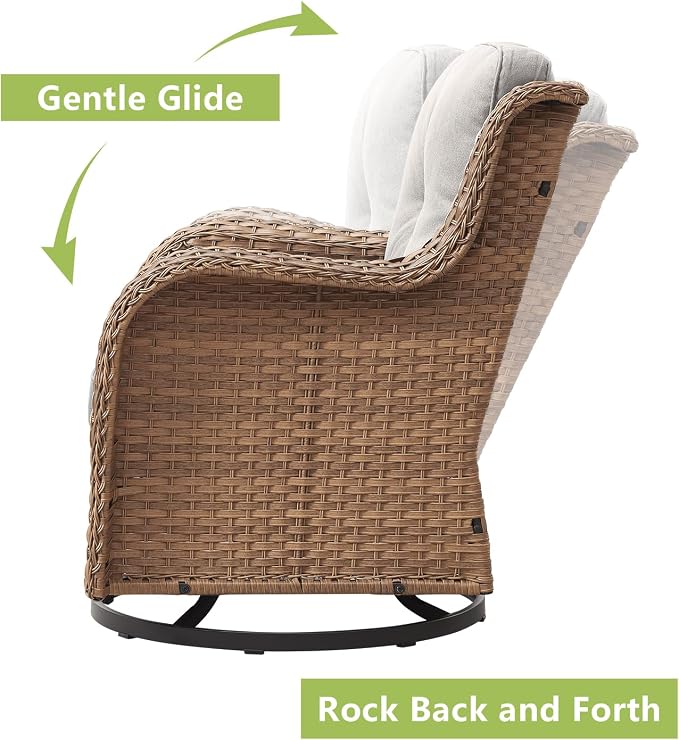 Outdoor Wicker Patio Furniture Set - 5 Piece Rattan Patio Conversation Set with 2 Rocking Swivel Chairs,2 Ottomans and 1 Loveseat for Porch Deck Backyard Garden(Yellow/Beige)