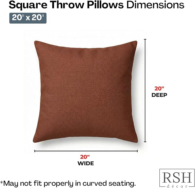 RSH DECOR: Sunbrella Square Throw Pillows Set of 4 | 20" x 20" | Water and Fade-Resistant Performance Fabric | Outdoor Pillow Covers with Down-Alternative Inserts | Made in USA (Essential Russet)