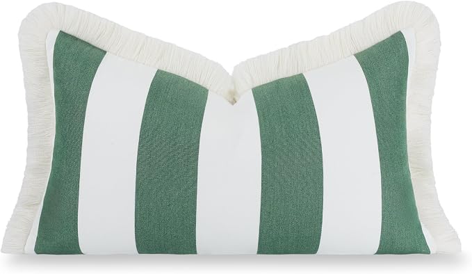 Hofdeco Premium Coastal Hampton Outdoor Performance Lumbar Pillow Cover Only, 12"x20" Water Repellent, UV and Fade Resistant for Backyard, Couch, Poolside, Green Woven Beach Stripes