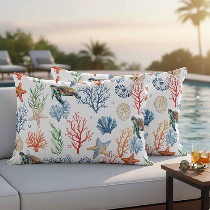 Summer Ocean Outdoor Waterproof Pillow Covers Pack of 2, Nautical Coastal Sea Turtles Shells Corals Starfish Decorative Throw Pillowcases Cushion Covers for Garden Patio Tent Sofa Couch, 20x12 inch