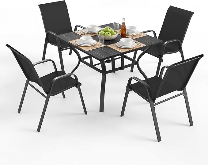 Outdoor Patio Dining Set for 4, 5 Pieces Patio Table and Chairs Set with Umbrella Hole, 37.8"x 37.8" Square Metal Wood-Grain Dining Table Set with 4 Stackable Patio Chairs for Deck , Backyard, Porch