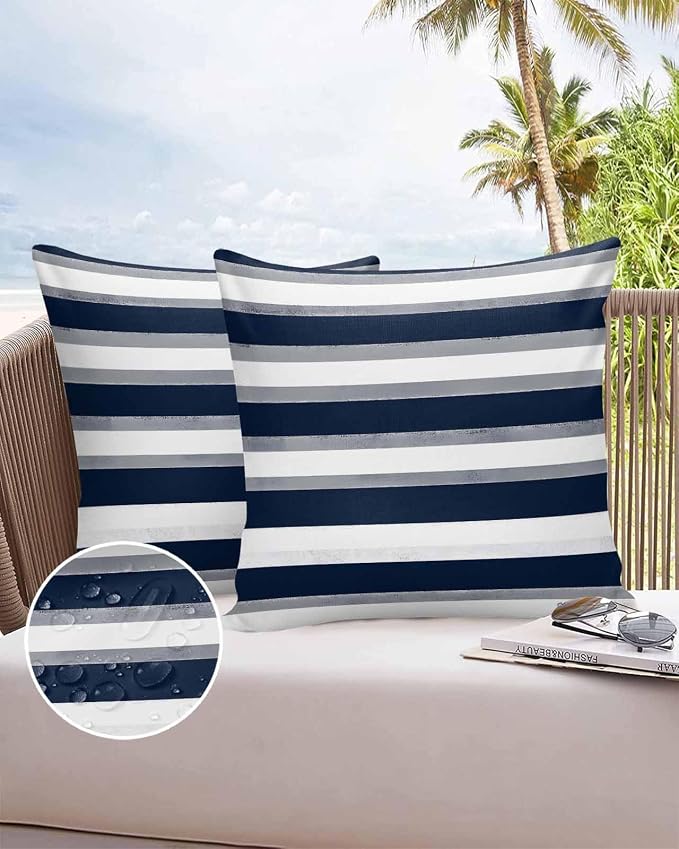 Pack of 2 Blue Grey White Stripes Outdoor Pillow Waterproof Covers 16x16 inch, Classic Geometric Polyester Throw Pillow Covers Garden Cushion Decorative Case for Patio Couch Decoration