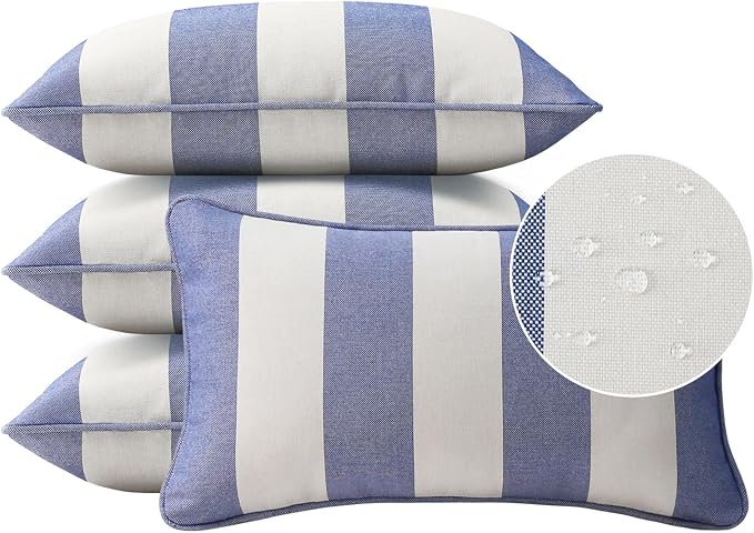 Unimatta Decorative Outdoor Water Repellent Throw Pillows with Inserts, Set of 4, 20" x12" Pillows for Patio, Backyard, Bed, Couch, and Patio Furniture, Navy Stripe