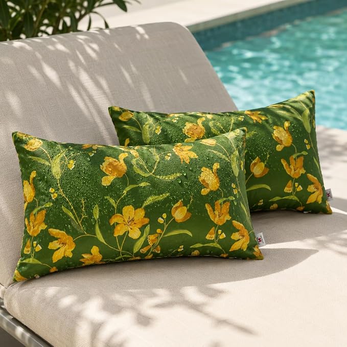 Pack of 2 Patio Lumbar Pillows 12"x20" | Fade Resistant Outdoor Waterproof Lumbar Pillow with Inners Decorative Garden Lumbar Cushions for Home Patio Terrace Sofa