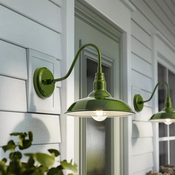 14 Inch Dome Outdoor Gooseneck Barn Lights Olive Green Farmhouse Exterior Wall Lights for Porch, 2Pack Patio Barn Style Wall Mount Gooseneck Lighting for House, Garage