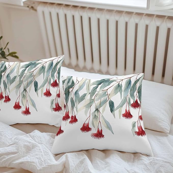 Red Floral Leaves Waterproof Outdoor Pillow Covers Set of 2 Home Decor, Pastoral Rustic Botanical Flowers Pillowcase Patio Pillow Covers for Couch Bench Furniture Garden 20x20in