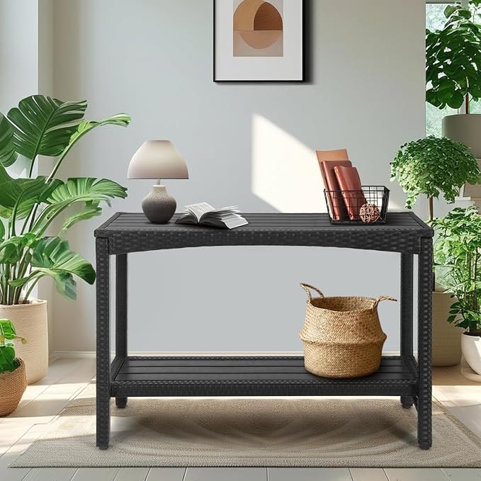 Outdoor Console Table Patio Buffet Bar Storage Organizer 45" Long Wicker Sofa Serving Sideboard Table 2-Shelf Outdoor Narrow Bar Table Tall Rectangle with Adjustable Feet for Entryway Black