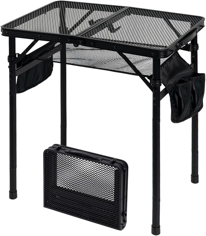 2Ft Foldable Grill Table for Camping, Portable Metal Mesh BBQTable with Dual Side Storage Bags, Lightweight Folding Outdoor Cooking Table for Picnic, RV Travel, Beach & Backyard BBQ