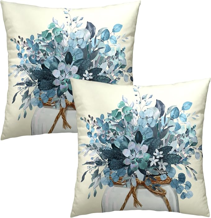Eucalyptus Throw Pillow Covers 18x18 Set of 2, Rustic Winter Blue Leaves Greenery Vase Farmhouse Decorative Pillow Cases Cotton Cushion Cover for Home Sofa Couch Decor