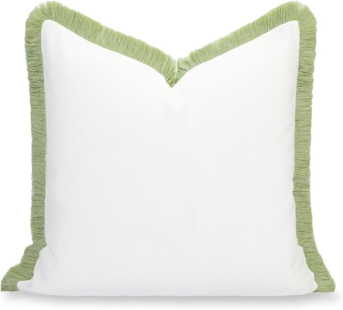 Hofdeco Premium Grandmillennial Coastal Hampton Patio Indoor Outdoor Throw Pillow Cover Only, 22"x22" Water Repellent for Backyard, Couch, Poolside, White Grass Green Solid