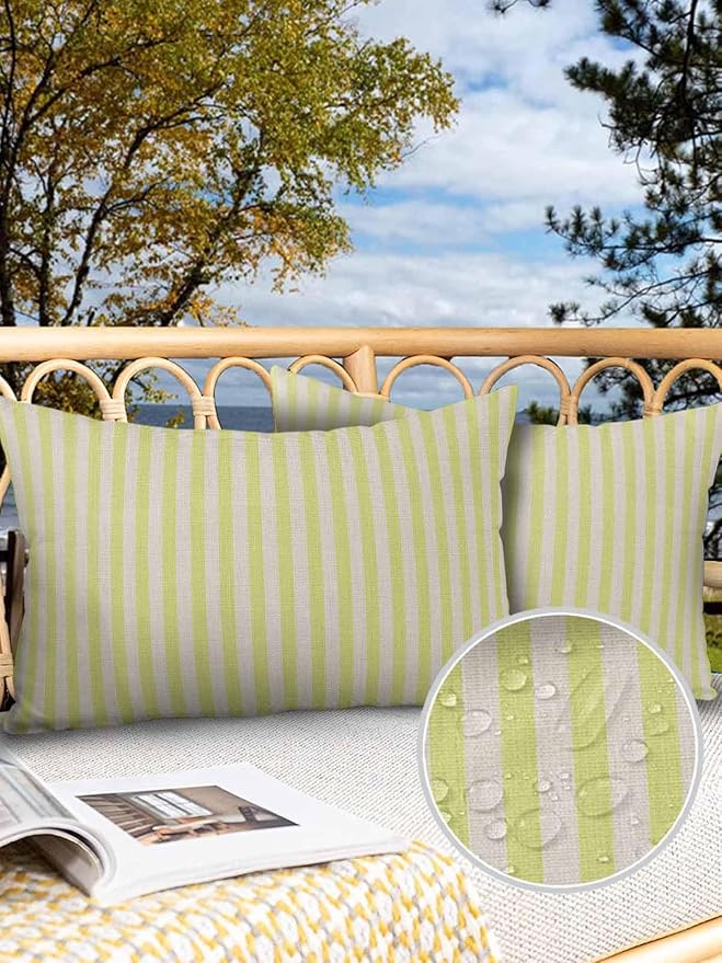 Outdoor Waterproof Throw Pillow Covers Set of 2 Yellow Stripes Lumbar Pillowcases 20x12 Inches Linen Classic Vertical Striped Patio Decorative Pillows Cushion Case Patio Pillows for Couch Bed Garden