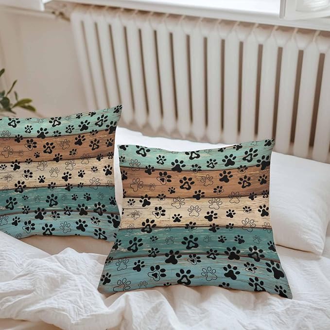 Outdoor Waterproof Throw Pillow Covers Set of 2 Dog Paw Pillowcases 20x20 Inches Pets Print Teal Brown Wood Grain Decorative Pillows Cushion Case Patio Pillows for Couch Bed Chair Garden