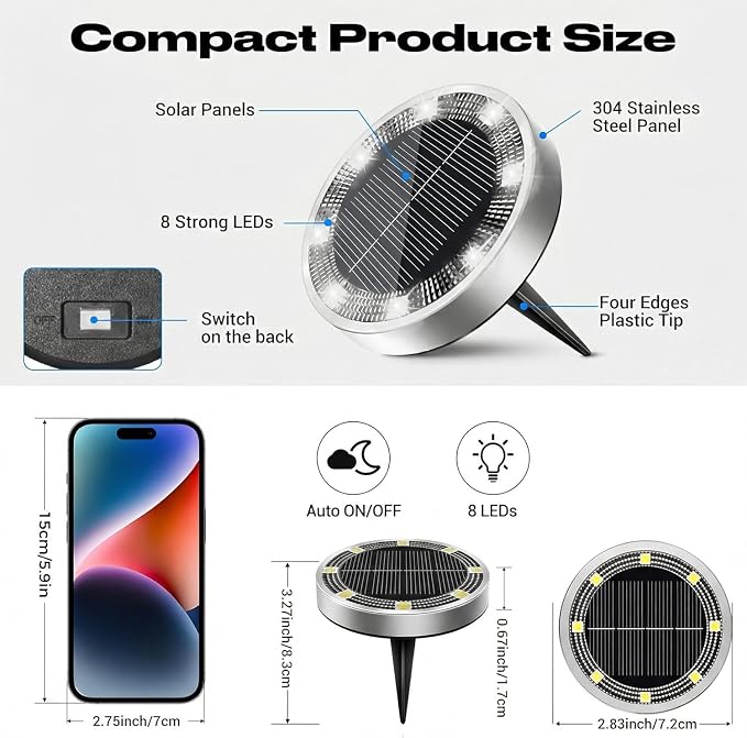 Solar Lights Outdoor Waterproof, 8 Pack Solar Powered Ground Lights Outdoor, IP68 Waterproof, Anti-Rust, Solar Garden Lights Landscape Lighting for Pathway Yard Lawn Walkway Driveway,Cool White