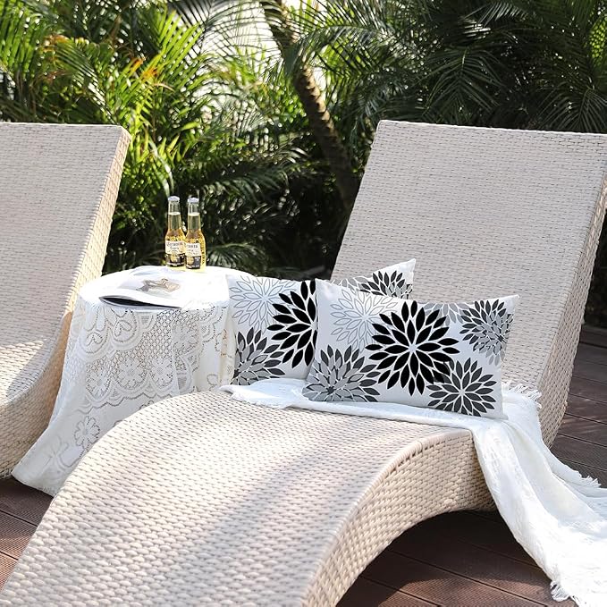 DFXSZ Outdoor Waterproof Pillow Covers 12x20 Set of 2 Black Grey Flower | Spring Summer Waterproof Flower Throw Pillowcases（No Inserts）Outdoor Decor for Patio Funiture Garden Polyester Covers
