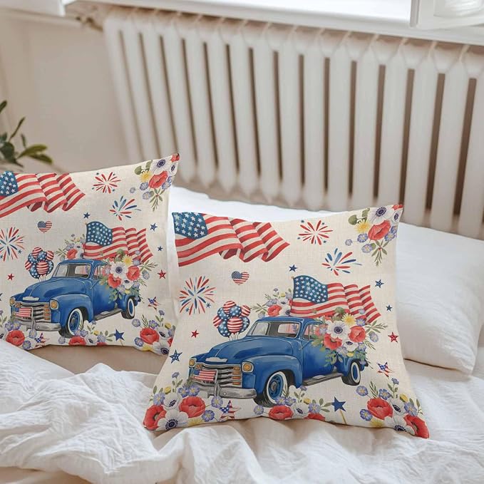 Independence Day Outdoor Pillow Covers Set of 2,Farm Truck USA Flag Poppy Decorative Waterproof Throw Pillow Case Retro Patriotic Fireworks Cotton Linen Soft Cozy Cushion Pillowcases 20x20In
