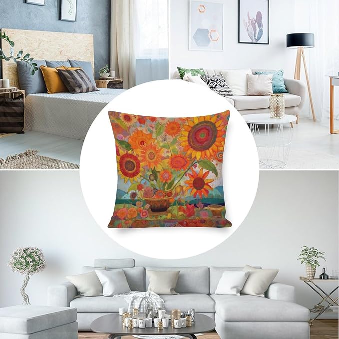 Zippered Pillow Cover Beautiful Flower Pattern Pillow Case Colorful Painting of Sunflowers Large Couch Pillows Pillows for Couch Sofa Patio Furniture Home Decor 20"x20" Cutton Linen Cushion Cases
