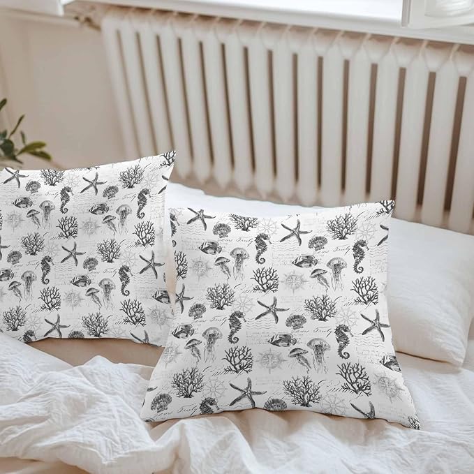 Gray Coastal Waterproof Outdoor Pillow Covers Set of 2 Home Decor, Retro Nautical Starfish Coral Jellyfish Pillowcase Patio Pillow Covers for Couch Bench Furniture Garden 16x16in