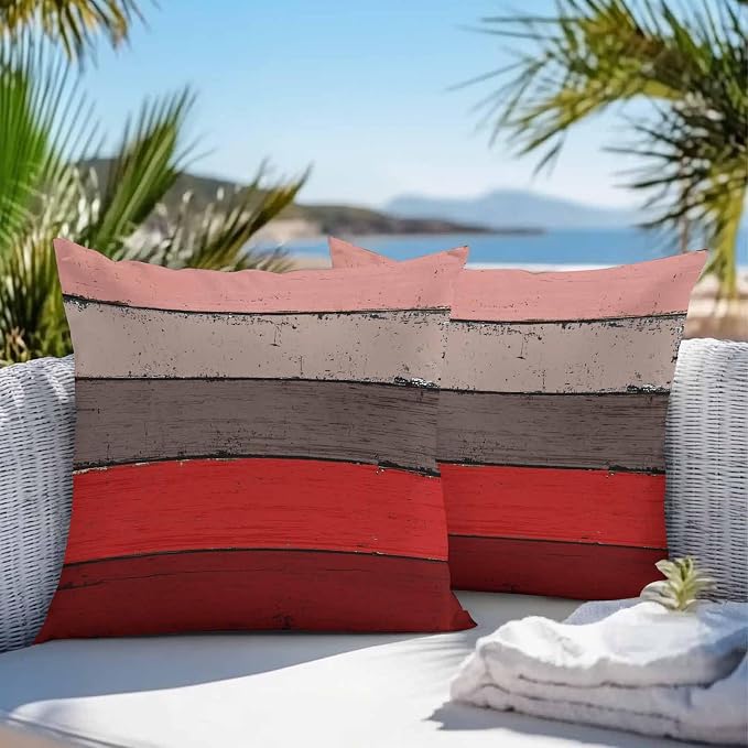 Outdoor Throw Pillow Covers 26X26 Set of 2 Waterproof Ombre Christmas Red Brown Decorative Zippered Cushion Covers for Patio Furniture, Farmhouse Retro Rustic Barn Wood Texture Lumbar Pillowcases