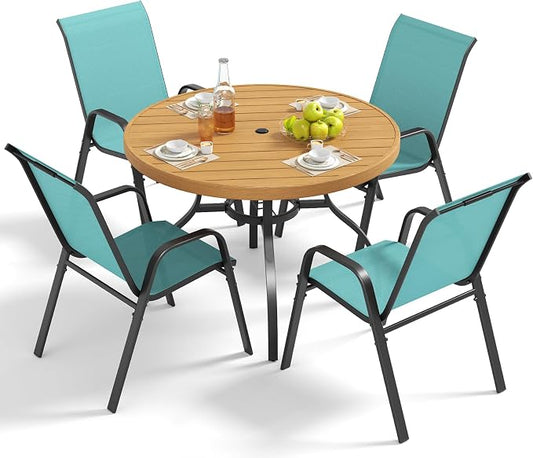 Outdoor Patio Dining Set for 4, 5 Pieces Patio Table and Chairs Set with Umbrella Hole, 41"x 41" Round Metal Wood-Grain Dining Table Set with 4 Stackable Patio Chairs for Deck , Backyard, Porch