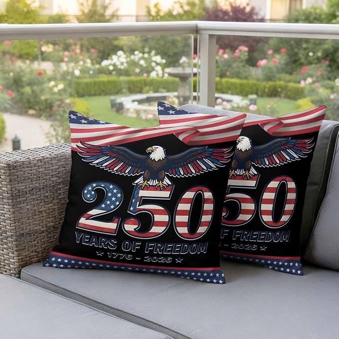 250 Years USA Flag Outdoor Waterproof Throw Pillow Covers 16x16 Set of 2, Independence Day Eagle Anniversary Decorative Pillowcases Cushion Pillowcase for Couch Sofa Patio Outside Pillow Protector
